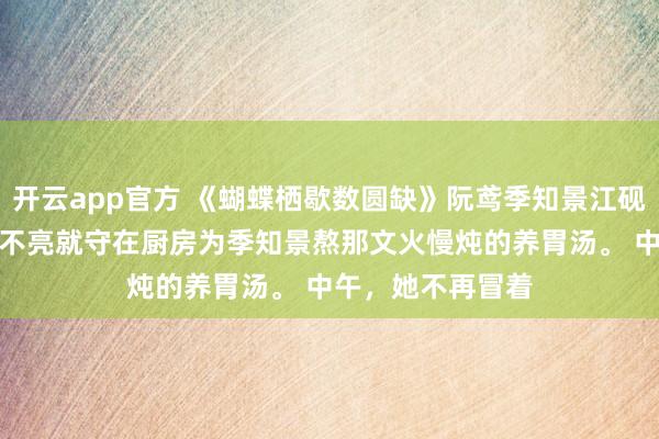 开云app官方 《蝴蝶栖歇数圆缺》阮鸢季知景江砚 早上,她不再天不亮就守在厨房为季知景熬那文火慢炖的养胃汤。 中午,她不再冒着